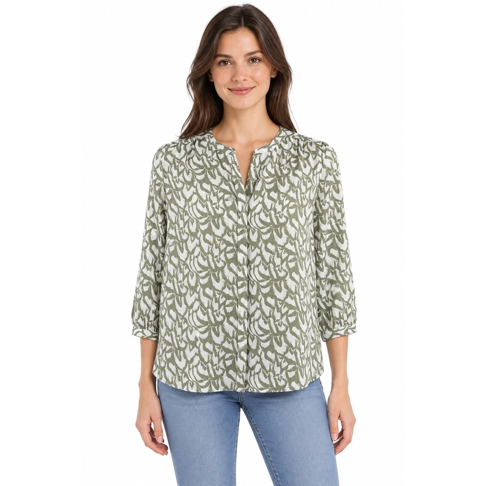 NWT JACHS Girlfriend Green White Abstract Print Split Neck Blouse Womens XS